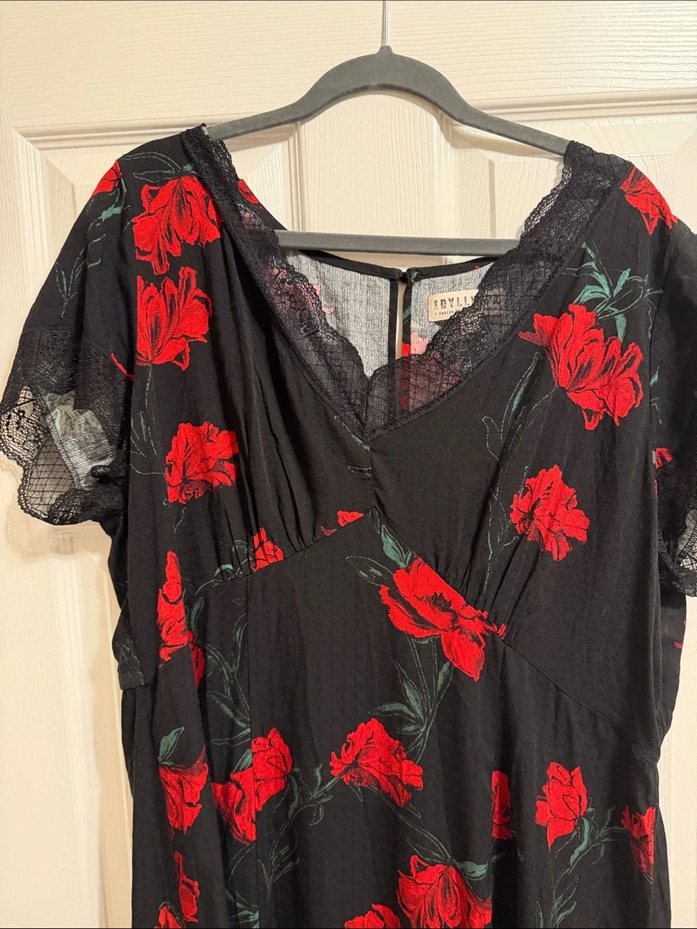 Idyllwind Black Dress with Red Floral Print and Lace Trim